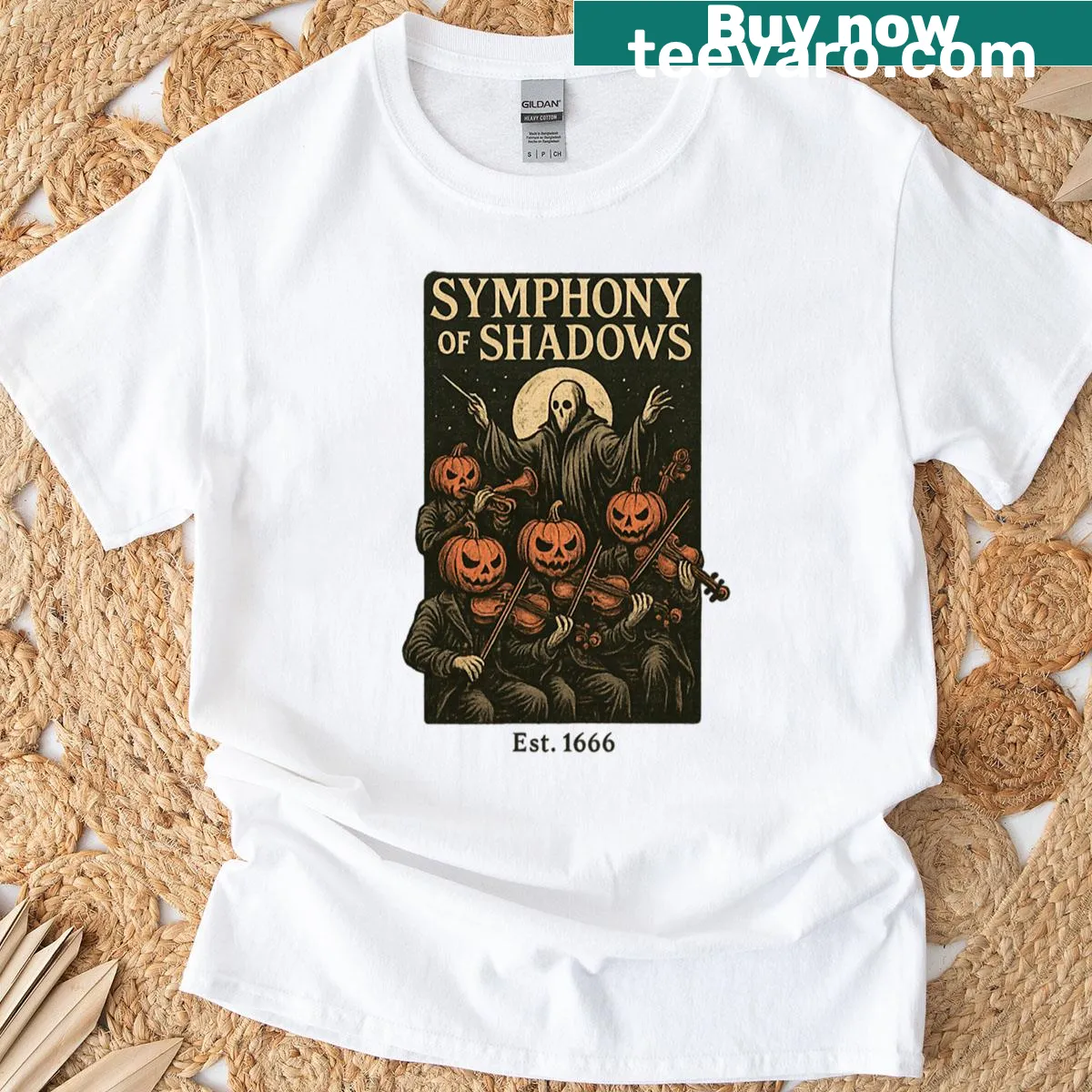 Haunted pumpkin orchestra graphic on a Halloween t-shirt — on a men's t-shirt