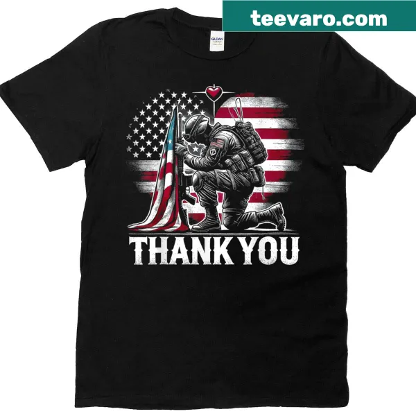 Patriotic tee with soldier, flag, and heart graphic.