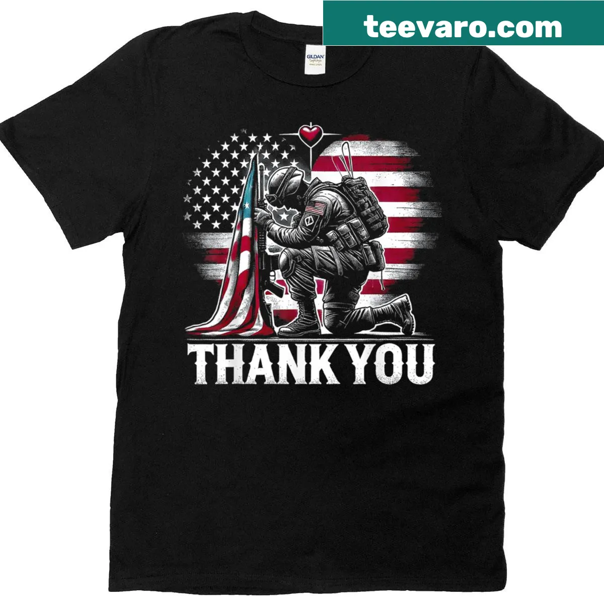 Patriotic tee with soldier, flag, and heart graphic. — on a men's t-shirt