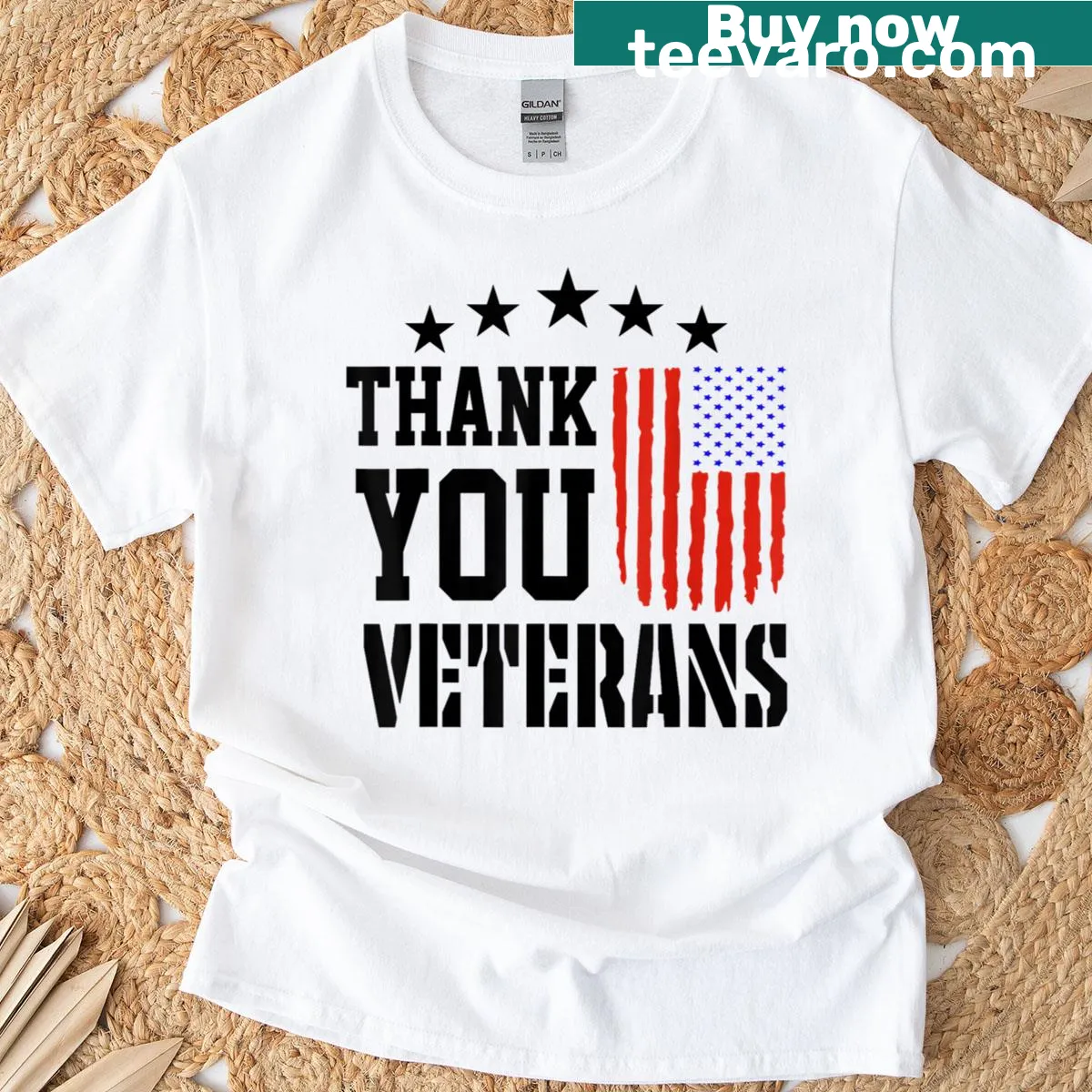 American flag T-shirt with a thank you message for veterans — on a men's t-shirt