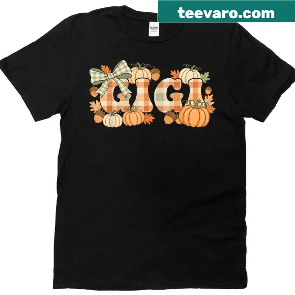 Vintage Thanksgiving T-shirt with plaid bow and pastel pumpkins