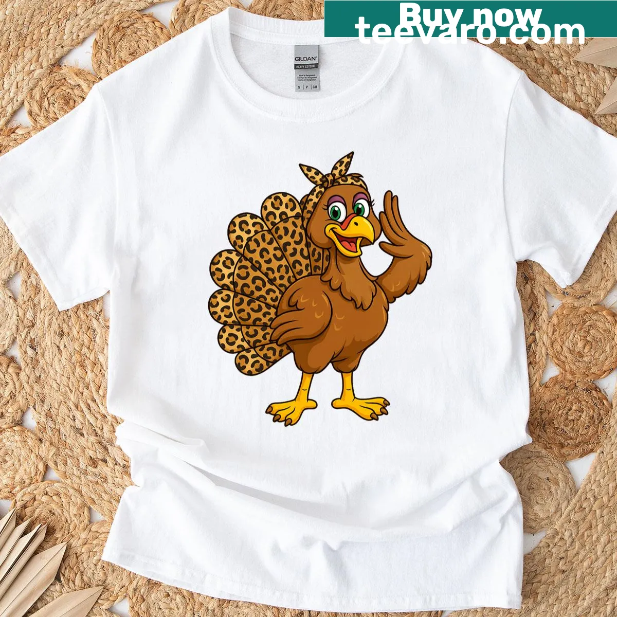 Thanksgiving T-shirt with turkey design and leopard print — on a men's t-shirt
