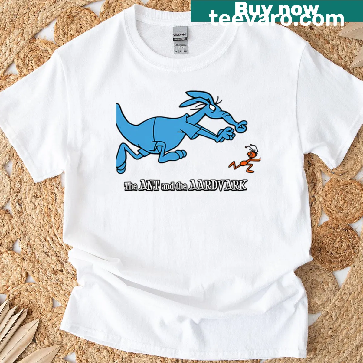 Illustrated ant and aardvark graphic on a T-shirt — on a men's t-shirt