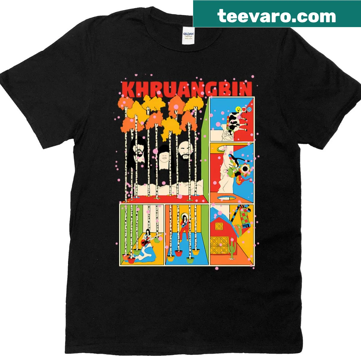 T-shirt featuring a playful design inspired by the band Khruangbin — on a men's t-shirt