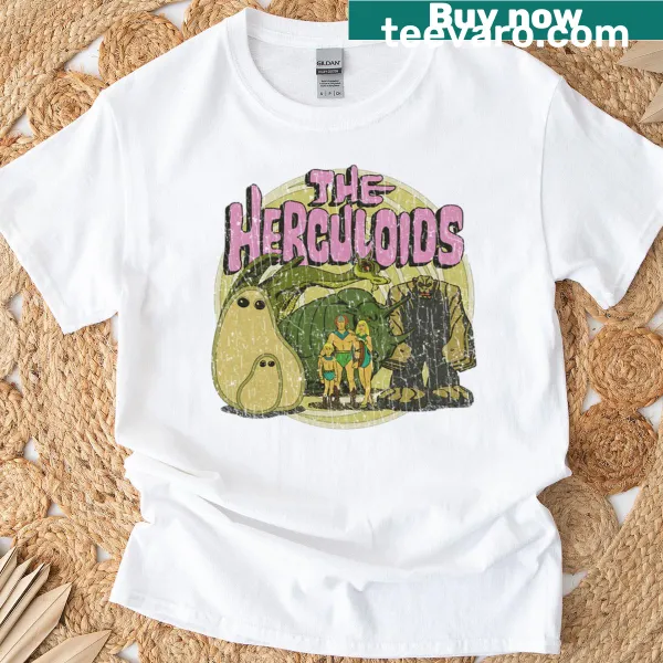 Illustrated characters from The Herculoids 1967 on a T-shirt