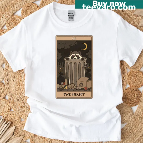 Raccoon Hermit tarot t-shirt with a whimsical illustration.
