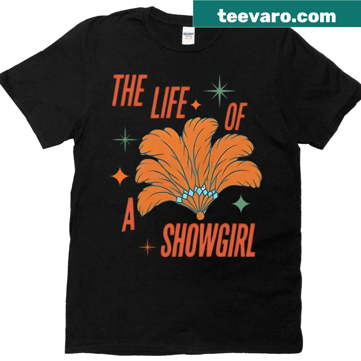 Playful showgirl T-shirt with orange fan illustration — on a men's t-shirt