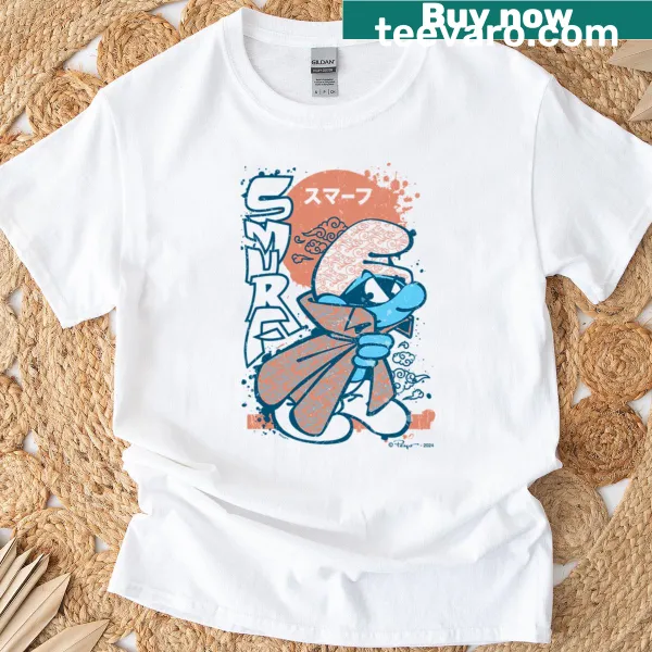 Distressed manga-style Smurfs portrait with kanji characters