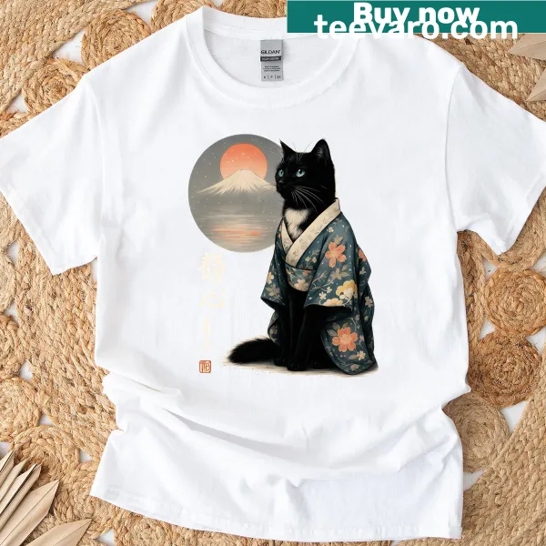 Cute T-shirt featuring a cat in a kimono design