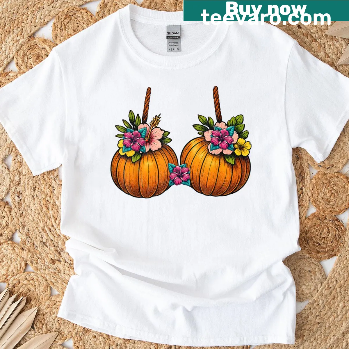 Funny Thanksgiving T-shirt featuring a tropical pumpkin bra design — on a men's t-shirt