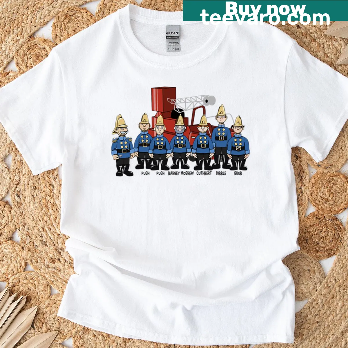 Whimsical illustration of the Trumpton fire crew on a t-shirt — on a men's t-shirt