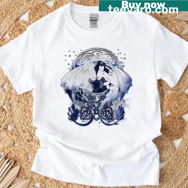 Cartoon illustration of two playful dragons on a t-shirt.