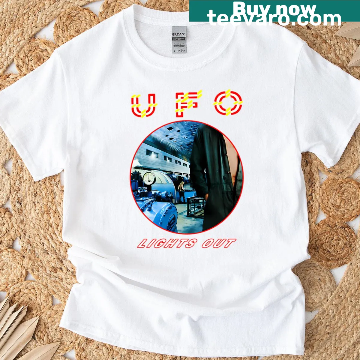 Whimsical UFO band illustration on a playful tee — on a men's t-shirt