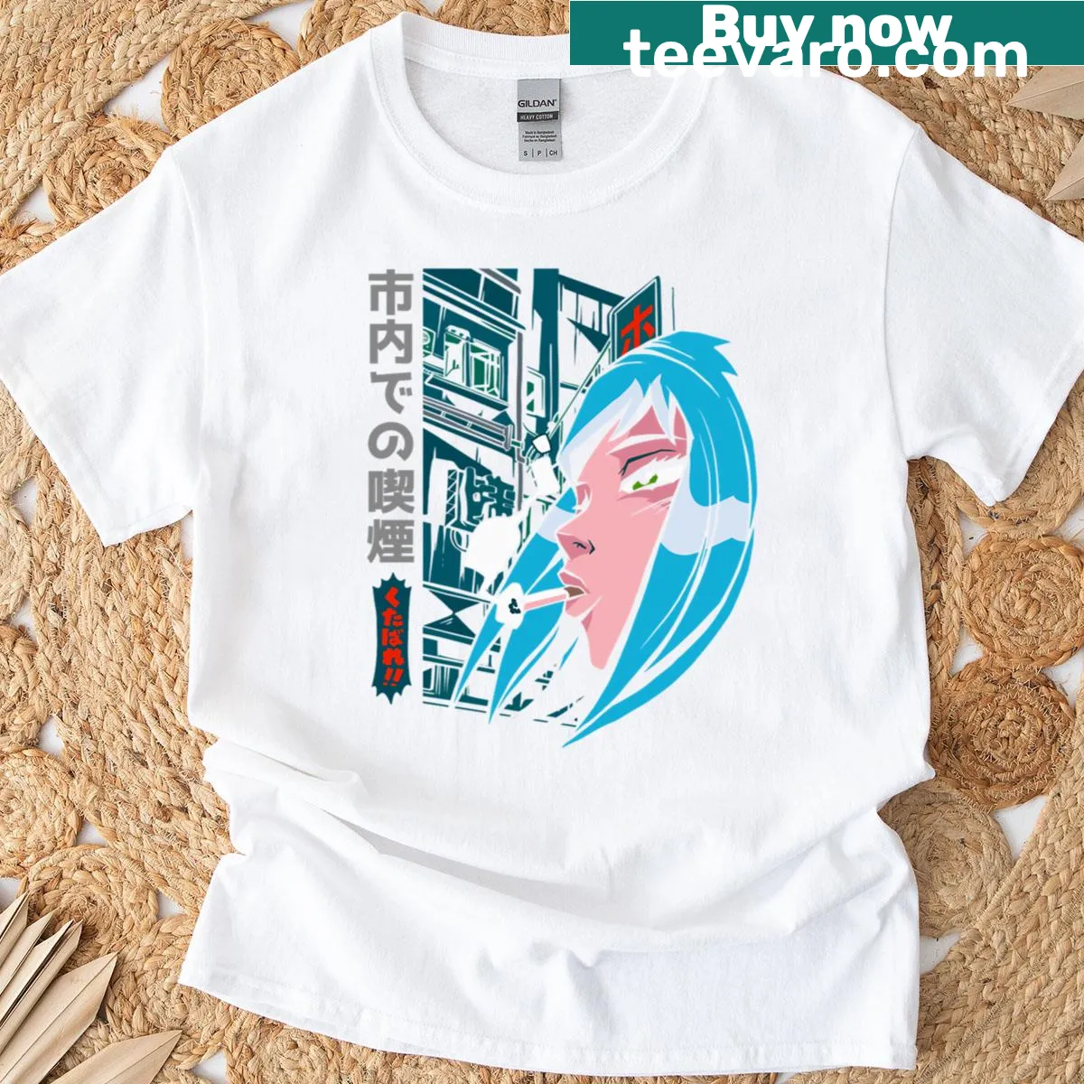 Vaporwave style t-shirt featuring an urban Japanese girl illustration — on a men's t-shirt