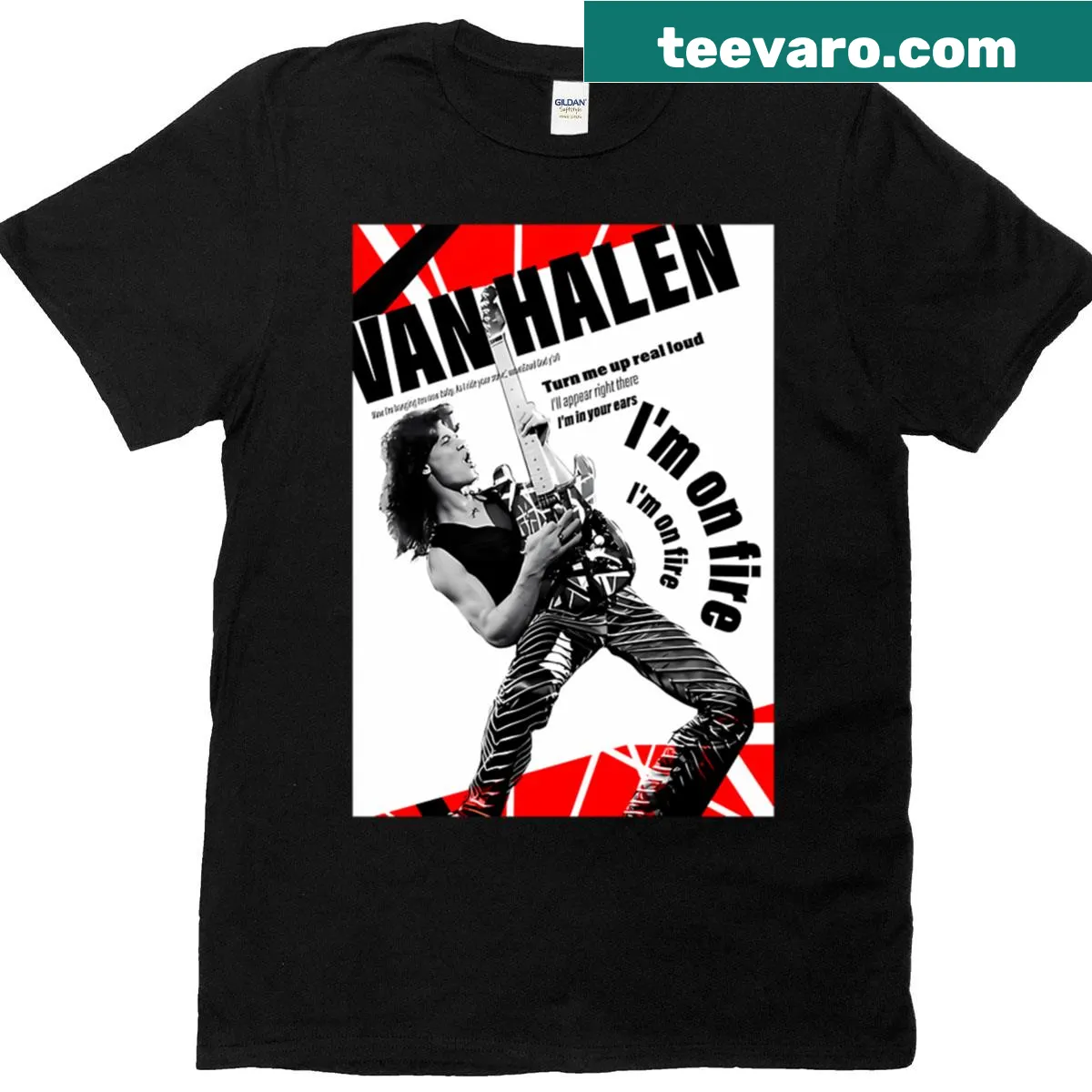 Vintage concert poster style Van Halen guitar T-shirt — on a men's t-shirt