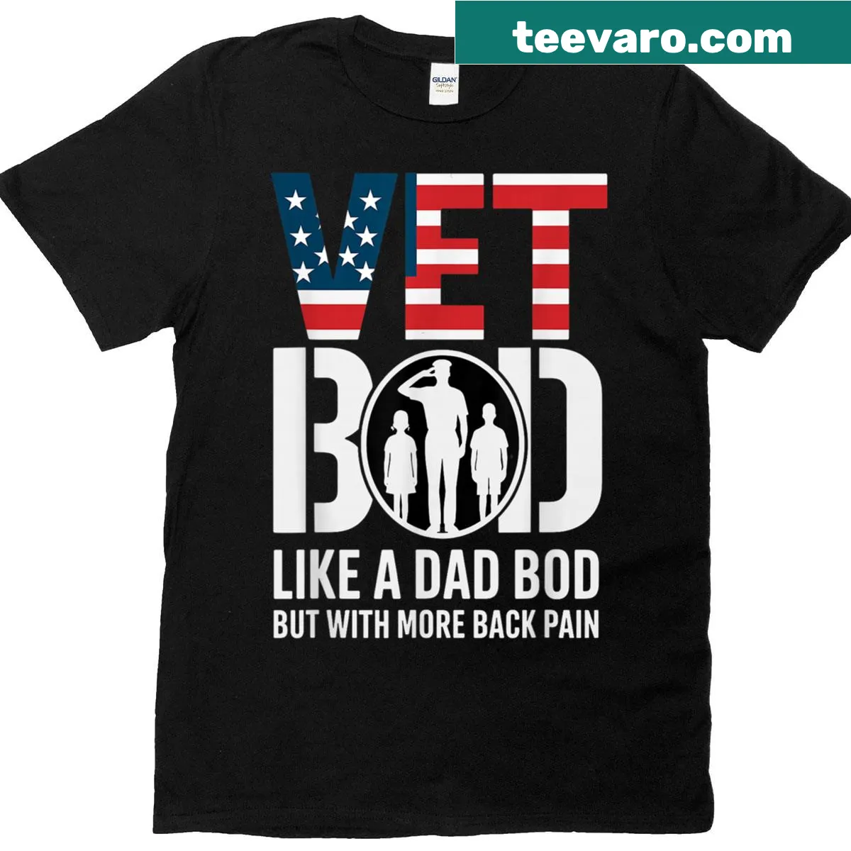 Humorous text shirt about veterans and dad bods — on a men's t-shirt
