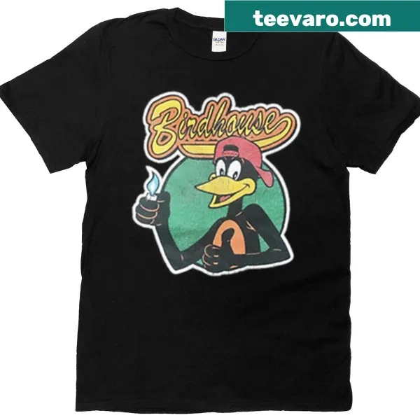 Cartoon-style T-shirt with the Vintage Birdhouse logo inspired by Tony Hawk