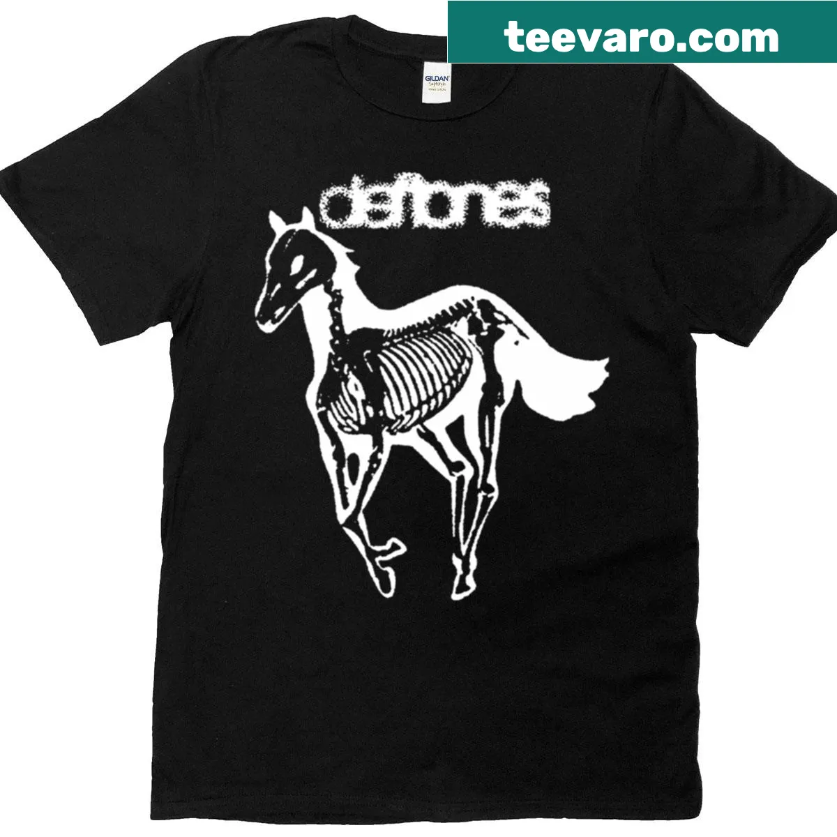 Vintage Deftones T-shirt featuring skeleton horse logo — on a men's t-shirt