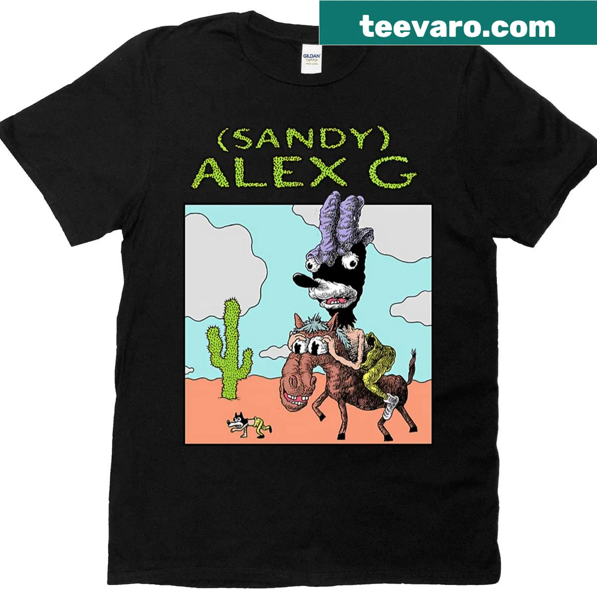 Vintage Sandy Alex G t-shirt with surreal cartoon desert artwork — on a men's t-shirt