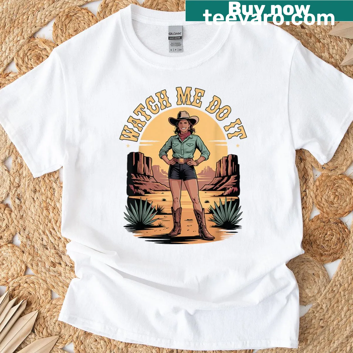 Vintage-style t-shirt featuring cowgirl boots and a retro sunset — on a men's t-shirt