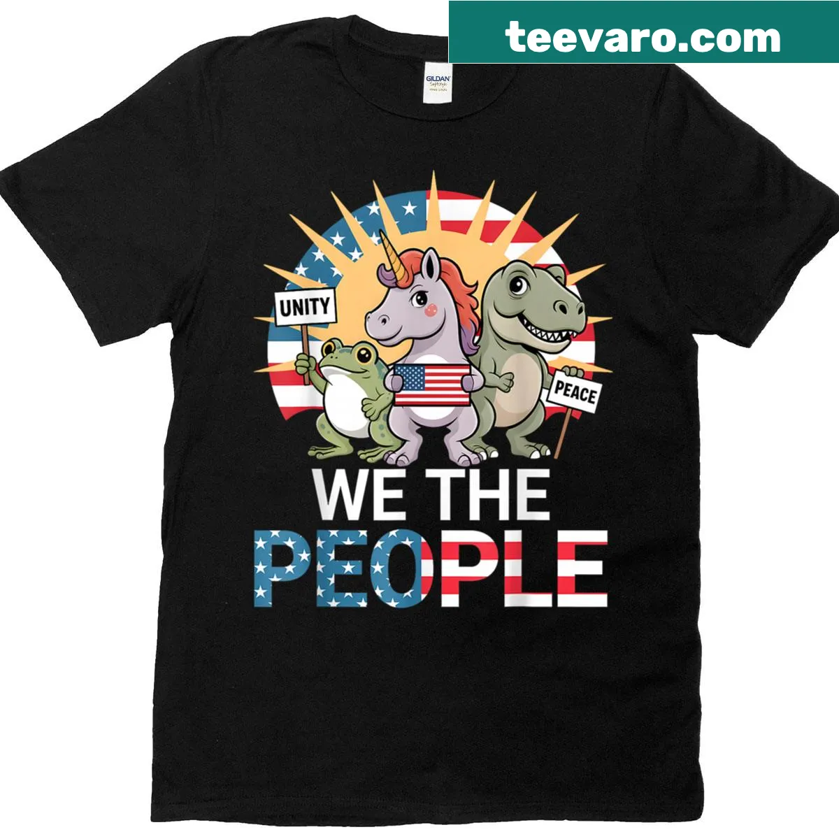 Funny patriotic T-shirt with unicorn, dinosaur, and frog on U.S. flag — on a men's t-shirt