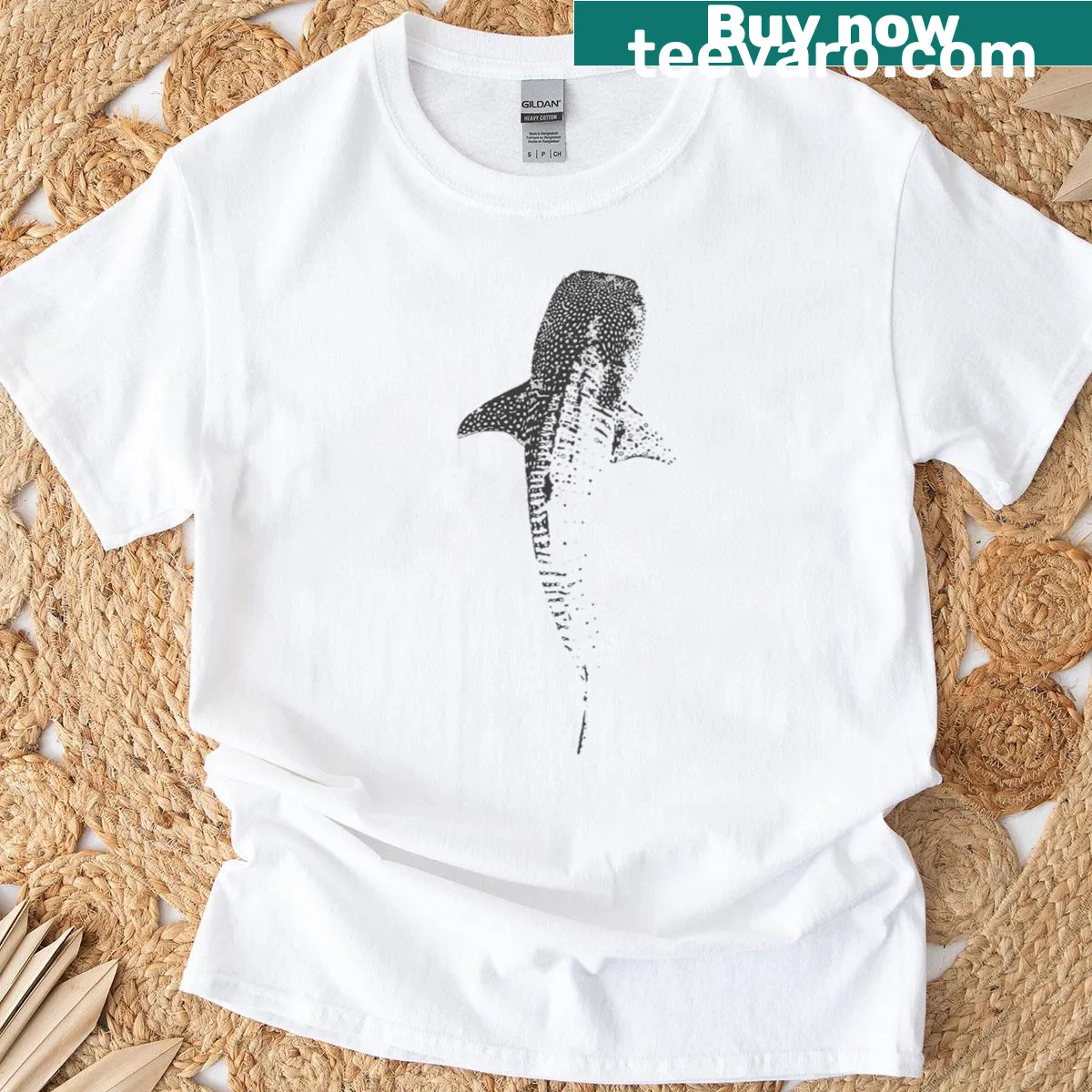 Illustrated whale shark on a marine-themed t-shirt — on a men's t-shirt