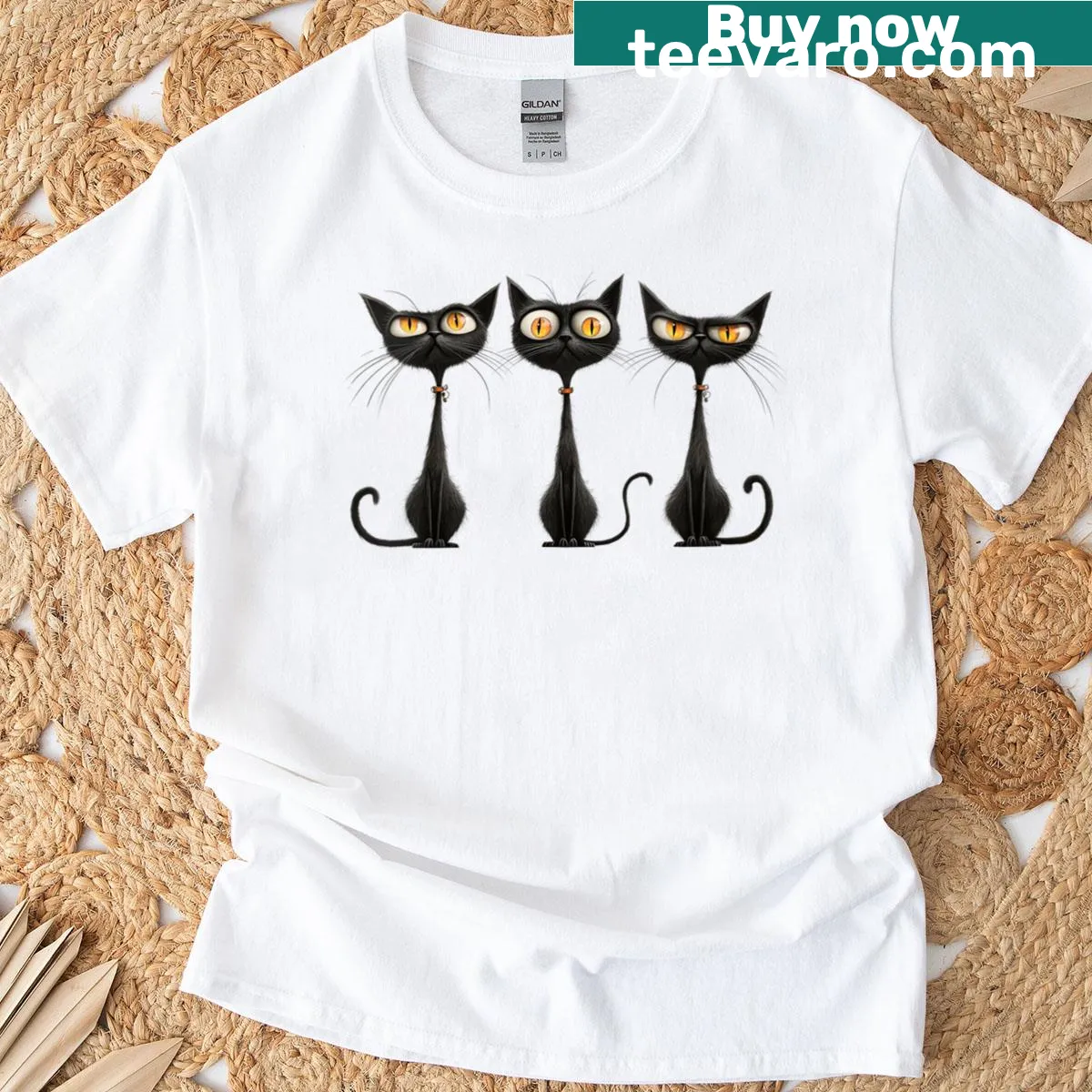 Gothic-style T-shirt featuring a black cat silhouette and vintage design — on a men's t-shirt