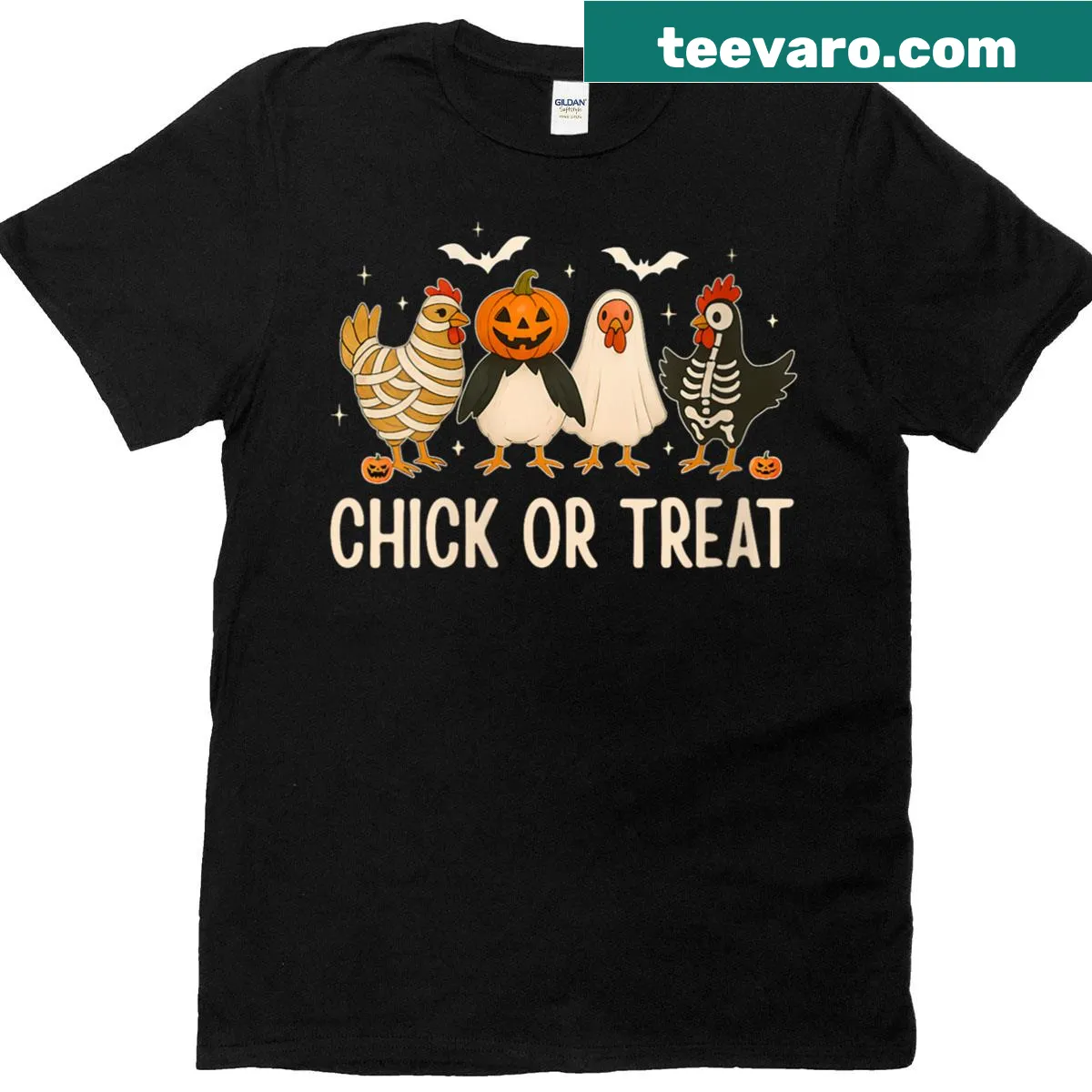 Cartoon Halloween T-shirt featuring chickens, ghosts, and mummies — on a men's t-shirt