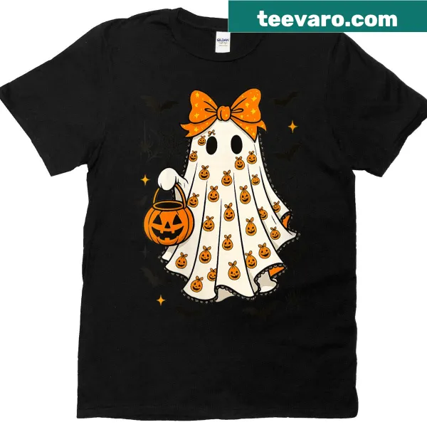Cute ghost and pumpkin graphic on Halloween-themed women's T-shirt