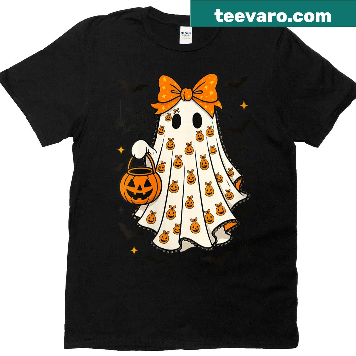 Cute ghost and pumpkin graphic on Halloween-themed women's T-shirt — on a men's t-shirt