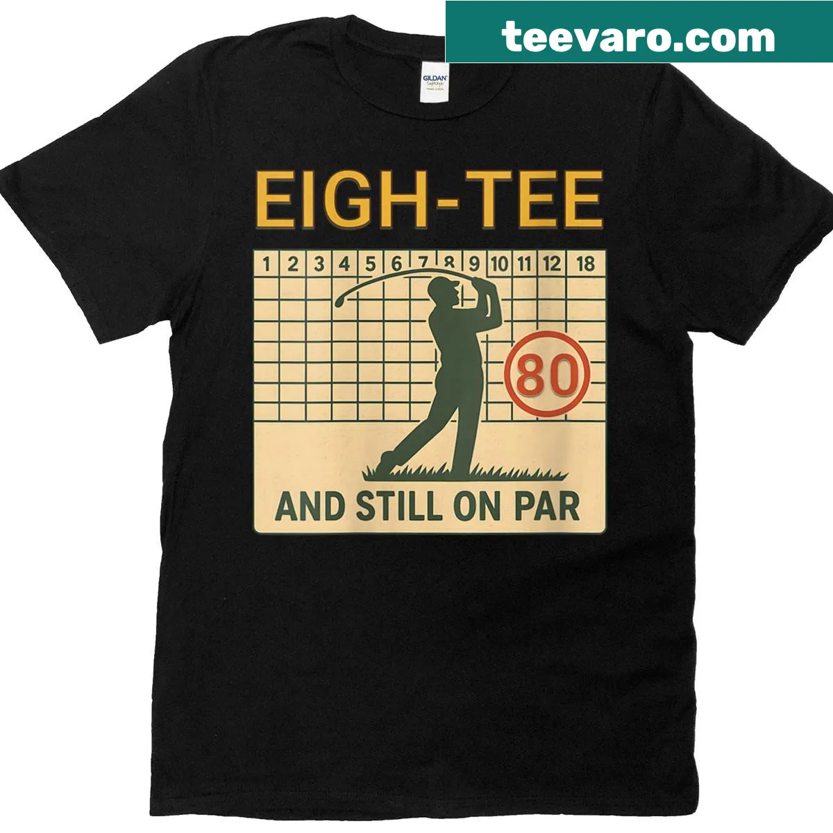 Funny T-shirt featuring a golf scorecard theme for an 80-year-old golfer. — on a men's t-shirt
