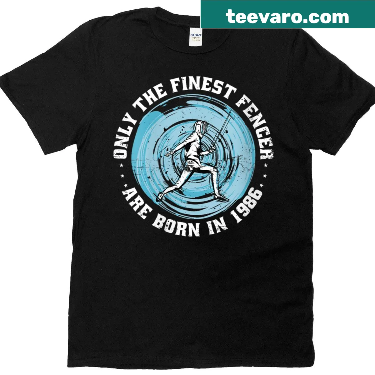 Vintage fencing T-shirt celebrating fencers born in 1986 — on a men's t-shirt
