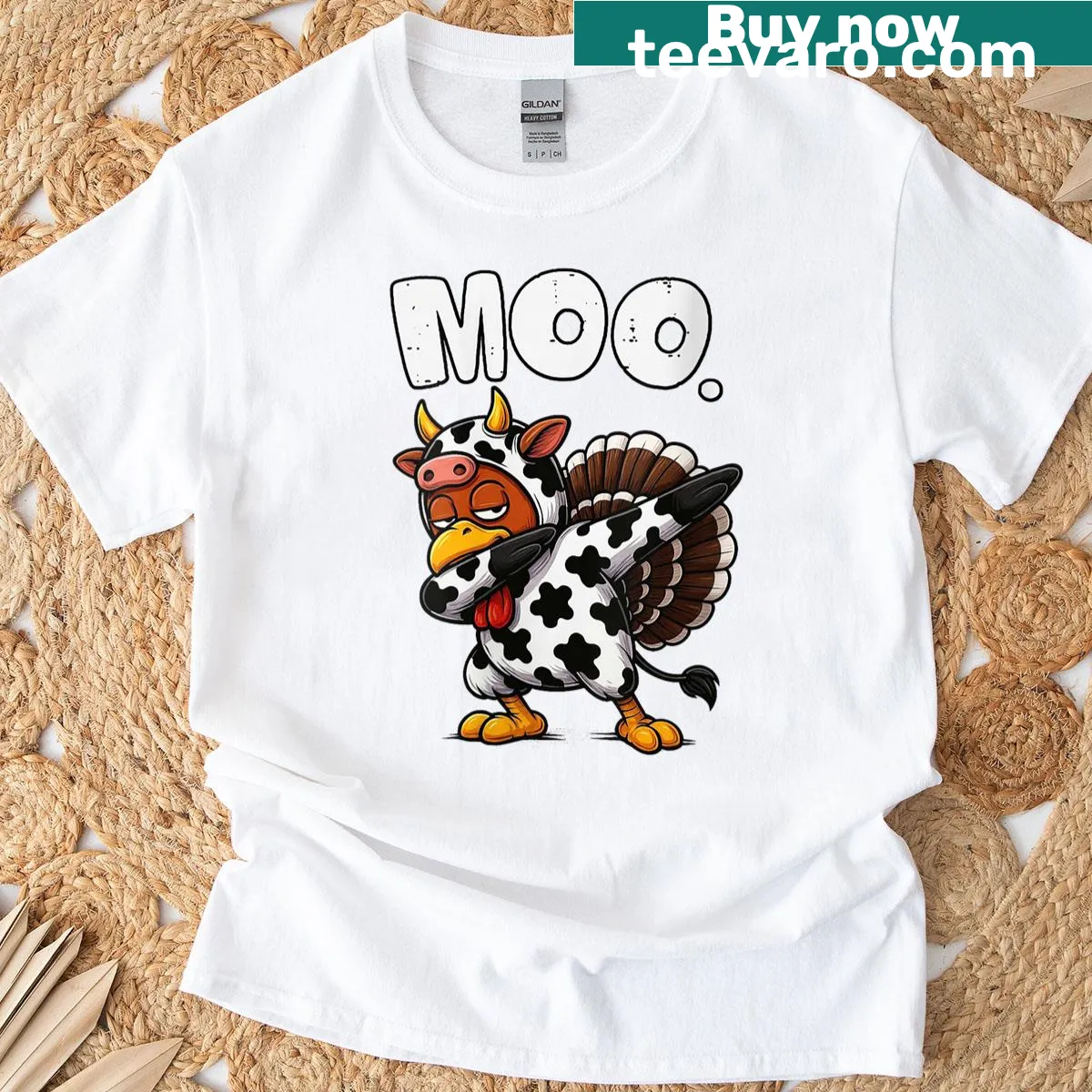 Cartoon dabbing cow and turkey on a Thanksgiving T-shirt — on a men's t-shirt