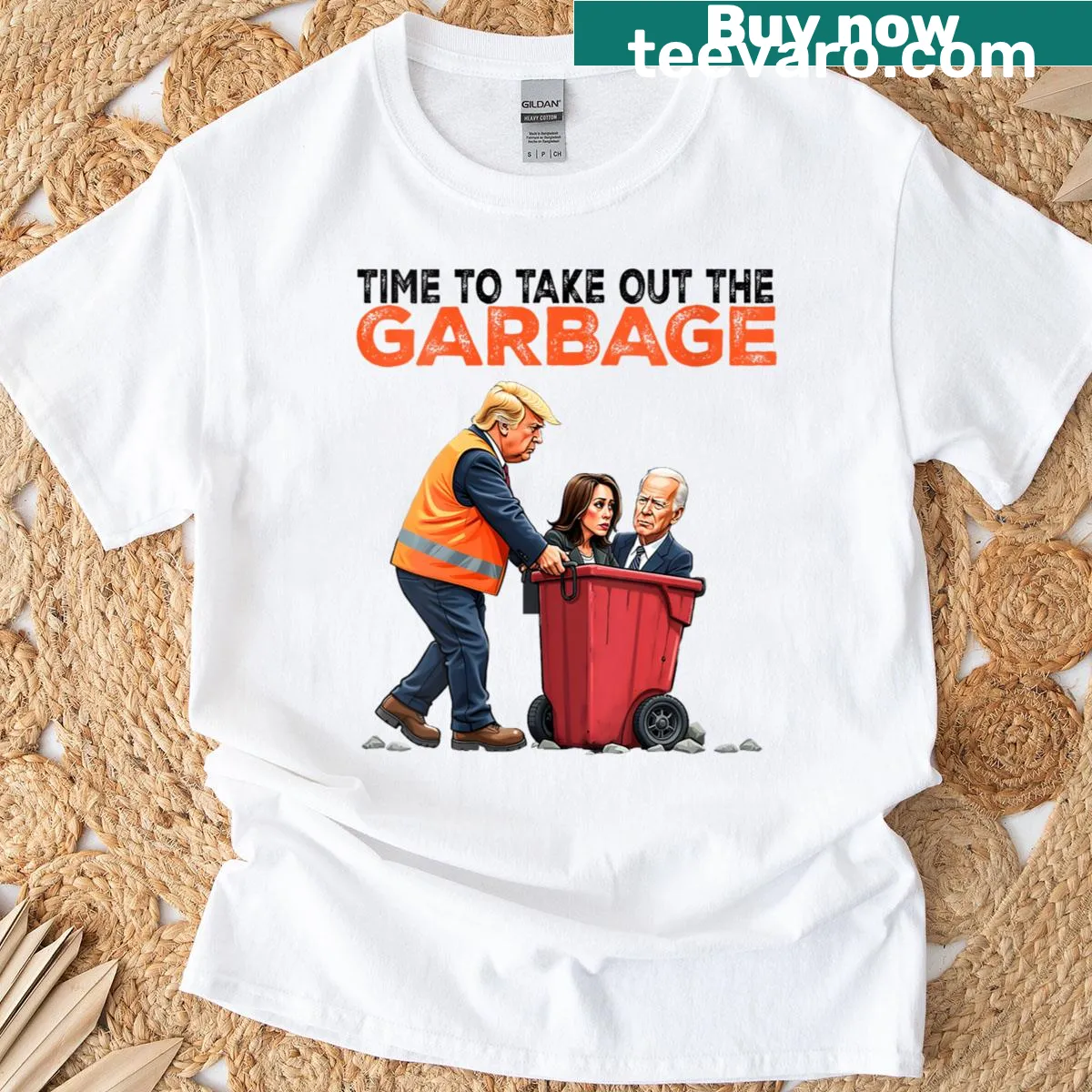 Funny T-shirt with 'Time To Take Out The Garbage' text referencing Trump, Biden, and Harris — on a men's t-shirt