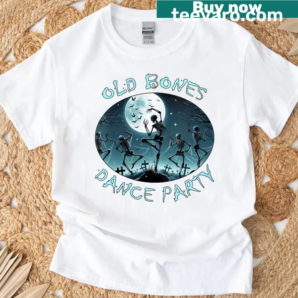 Cartoon skeleton dancing on a Halloween T-shirt