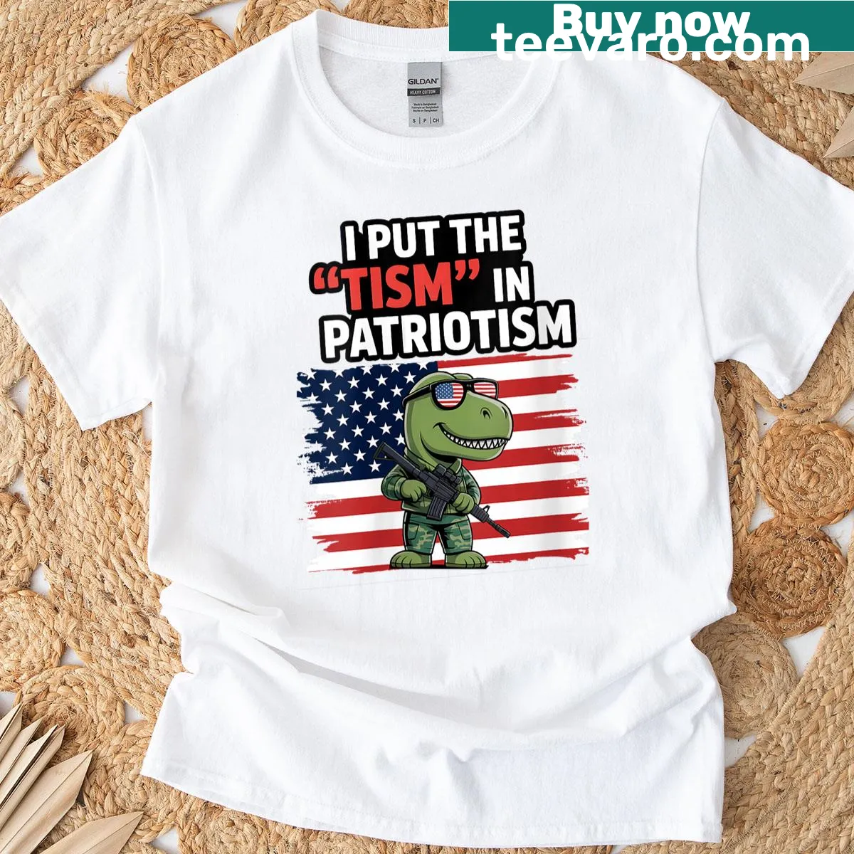 Womens T-shirt with USA flag, T-rex dinosaur, and playful text — on a men's t-shirt