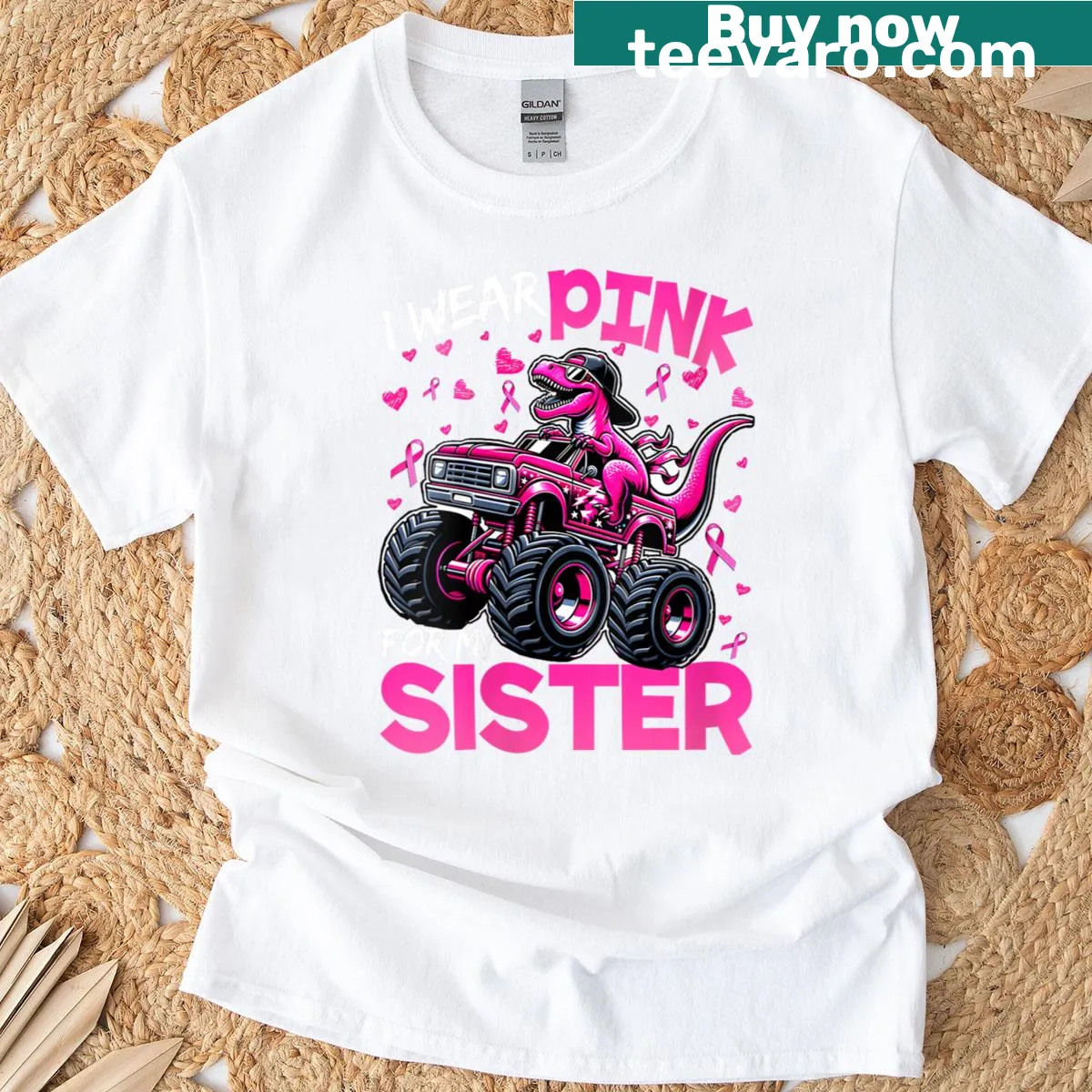 Womens T-shirt with dinosaur and 'I Wear Pink For My Sister' text — on a men's t-shirt