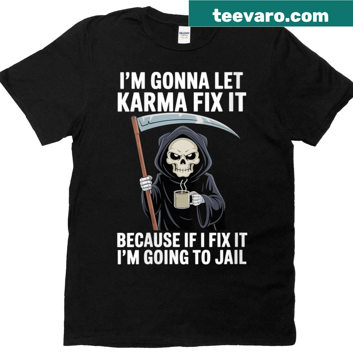 Funny t-shirt with the phrase about letting karma fix things — on a men's t-shirt