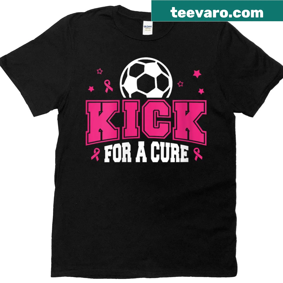 Soccer-themed T-shirt with pink ribbon for breast cancer awareness — on a men's t-shirt