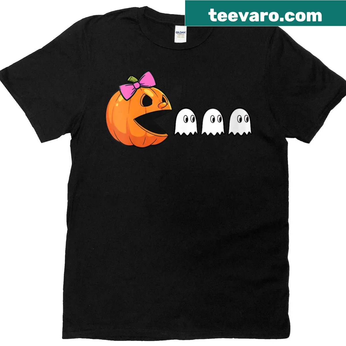 Illustrated pumpkin and ghost graphic on women's Halloween T-shirt — on a men's t-shirt