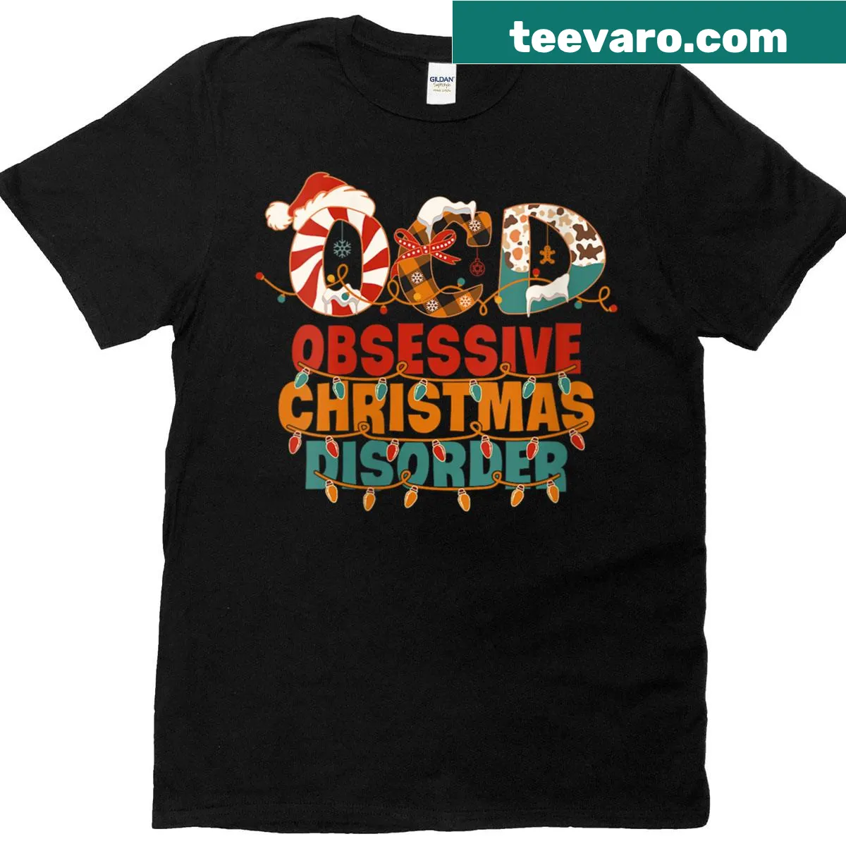 Funny 'OCD: Obsessive Christmas Disorder' text on women's Christmas T-shirt — on a men's t-shirt