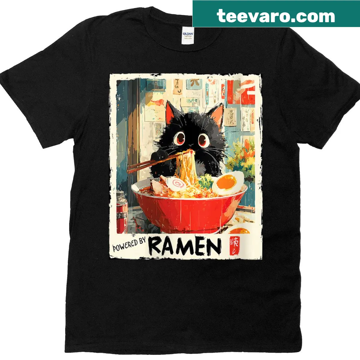 Illustration of a cat in a bowl of ramen on a t-shirt — on a men's t-shirt