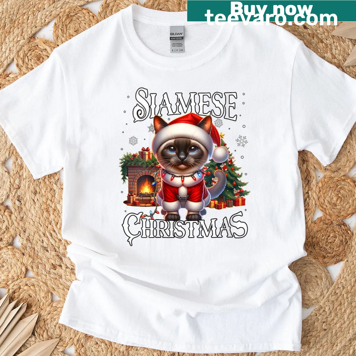 Christmas t-shirt featuring a Siamese cat design — on a men's t-shirt