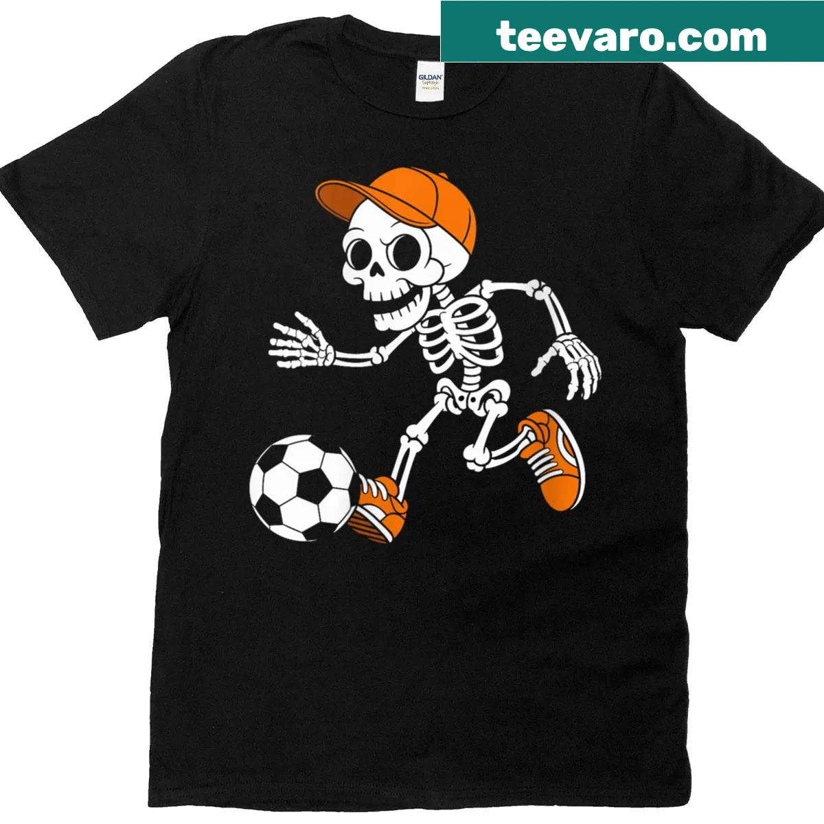 Cartoon skeleton playing soccer on a Halloween t-shirt — on a men's t-shirt
