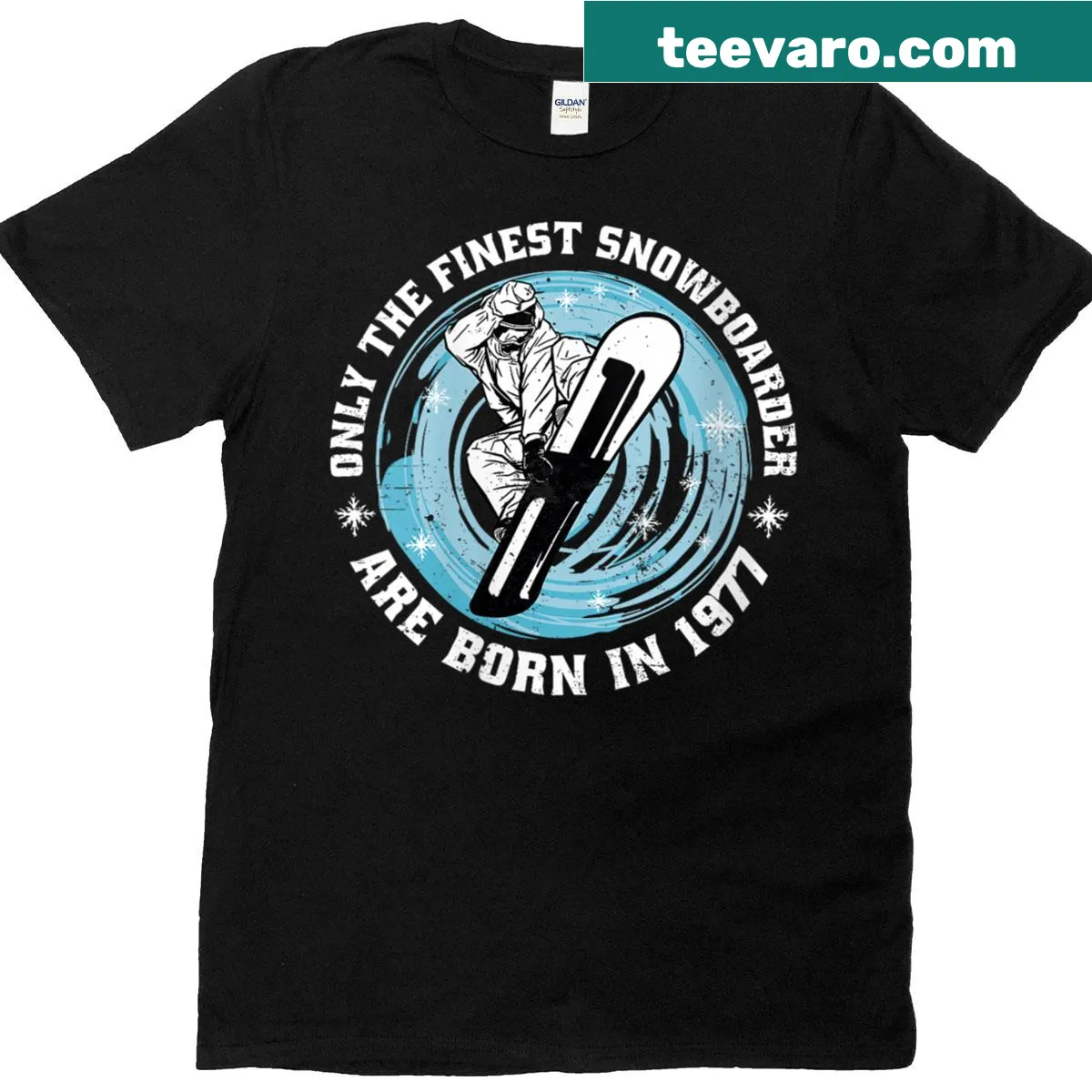 Vintage 1977 snowboarder t-shirt with a distressed design — on a men's t-shirt