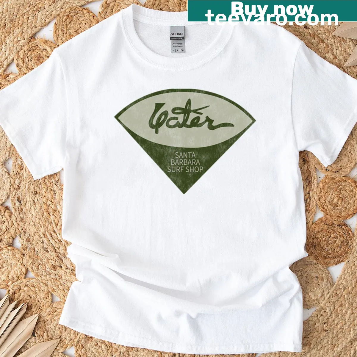 T-shirt featuring an illustration of Yater Santa Barbara Surf Shop for beach lovers. — on a men's t-shirt