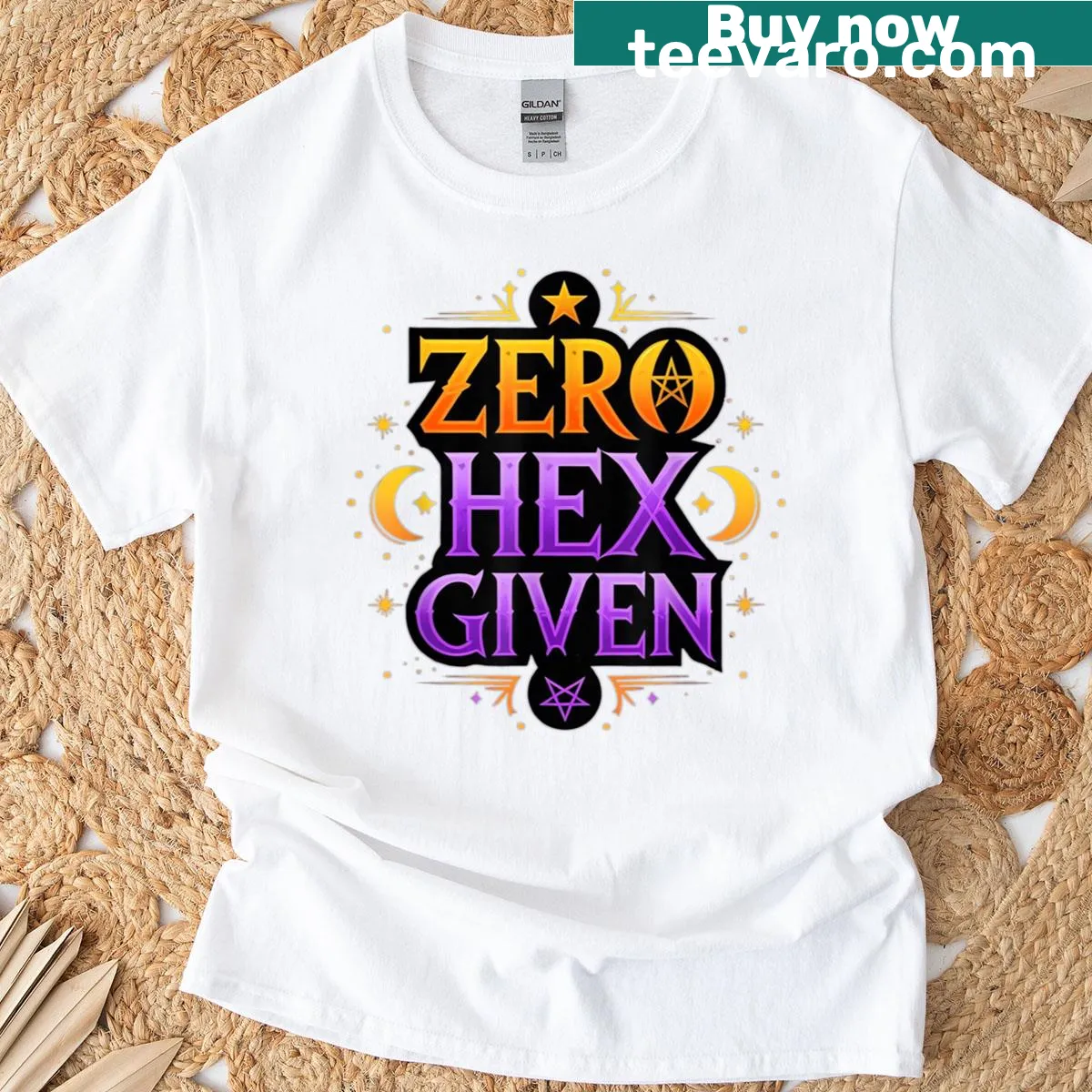 Funny witch T-shirt with 'Zero Hex Given' text and playful illustration — on a men's t-shirt