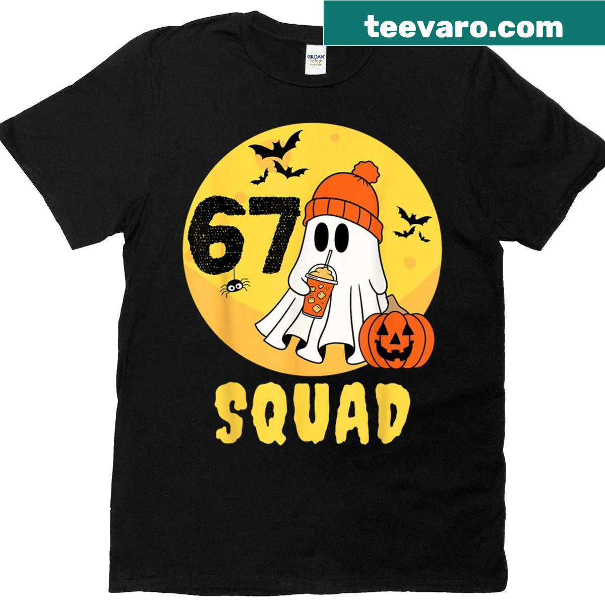 Funny Halloween t-shirt with spooky illustrations and 'Haunted By 67' text — on a men's t-shirt