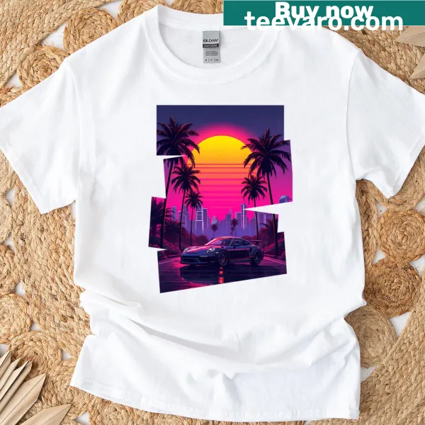 Retro-futuristic landscape with palm trees and a Porsche T-shirt.