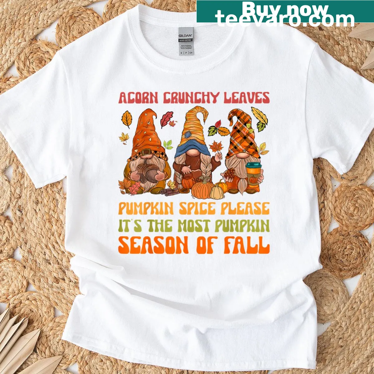 Playful fall-themed t-shirt with acorn and leaves design — on a men's t-shirt